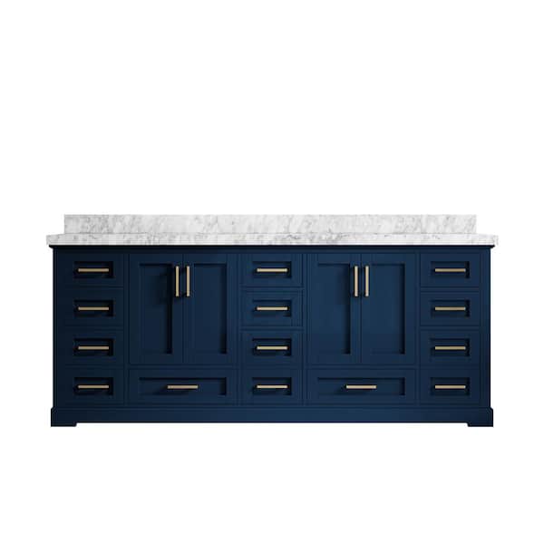 Willow Collections Boston 84 in. W x 22 in. D x 36 in. H Double Sink Bath Vanity in Navy Blue with 2" Carrara Marble Top
