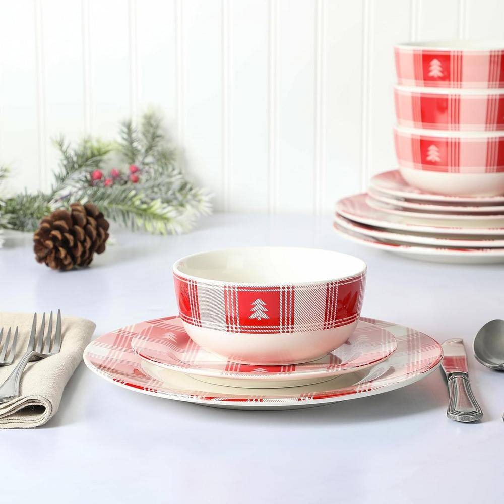 Red and White Plaid Ceramic Holiday Dinnerware Set, Service for 4