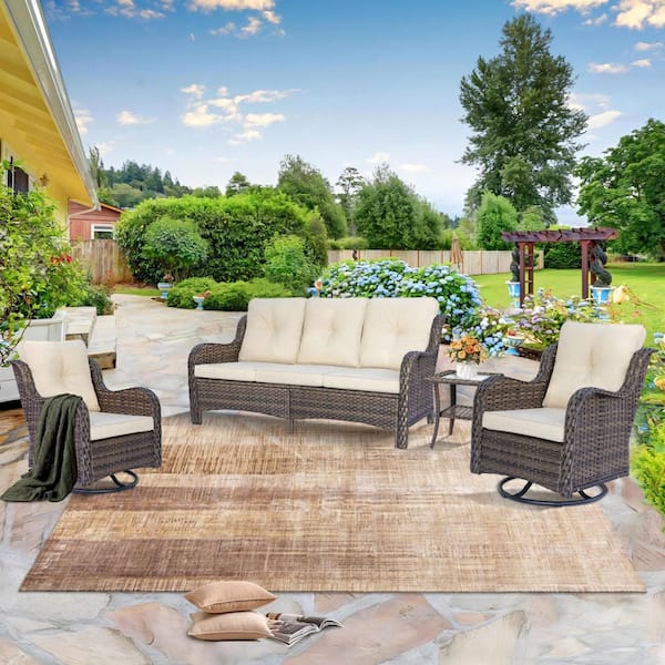 DWIOM Brown 4 Piece Wicker Patio Conversation Set Outdoor Sofa Swivel Rocking Chairs with Side Table and Beige Cushions