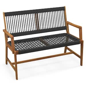 2-Person Acacia Wood Outdoor Patio Bench All-Weather Rope Woven Garden Natural