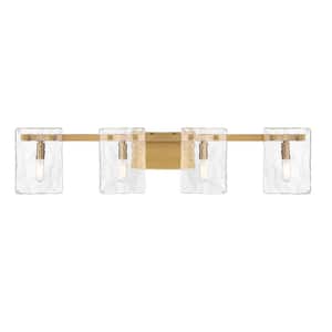 Genry 35 in. 4-Light Warm Brass Bathroom Vanity Light with Clear Rippled Glass Panes