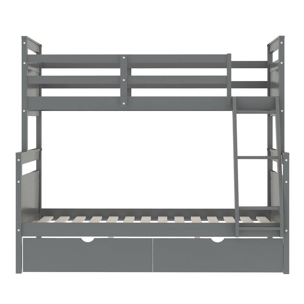 Gray Twin Over Full Pine Wood Bunk Bed with Storage Drawers