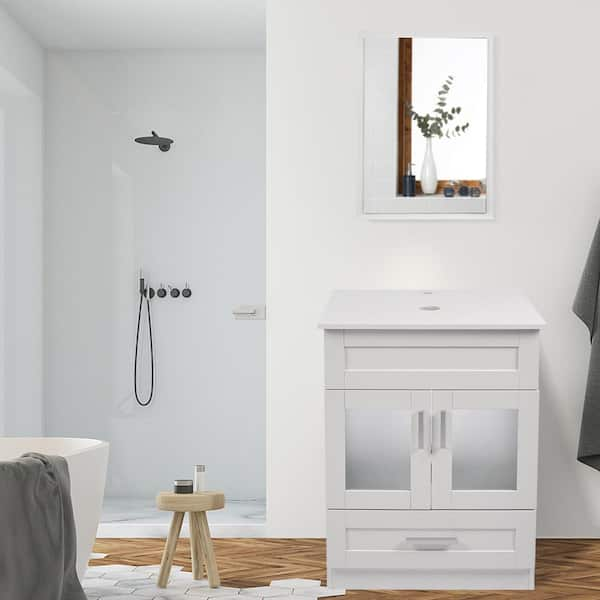 Puluomis 24 inch White Bathroom Vanity and Mirror Floor Cabinet for Home