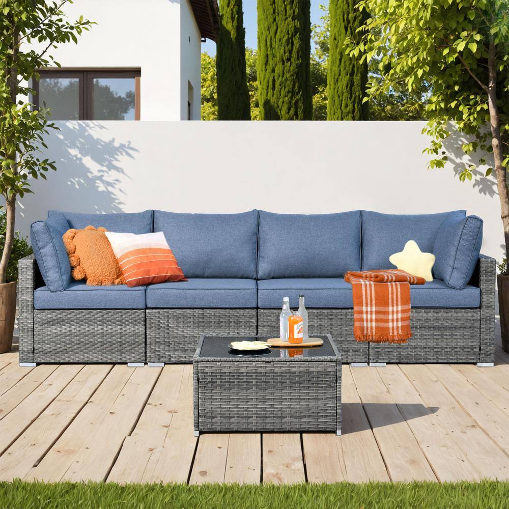 Daffodil E Gray 5-Piece Wicker Patio Conversation Sofa Set with Denim Blue Cushions price history on PriceWatchPro