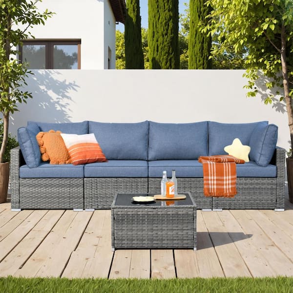 weaxty W Daffodil E Gray 5-Piece Wicker Patio Conversation Sofa Set with Denim Blue Cushions