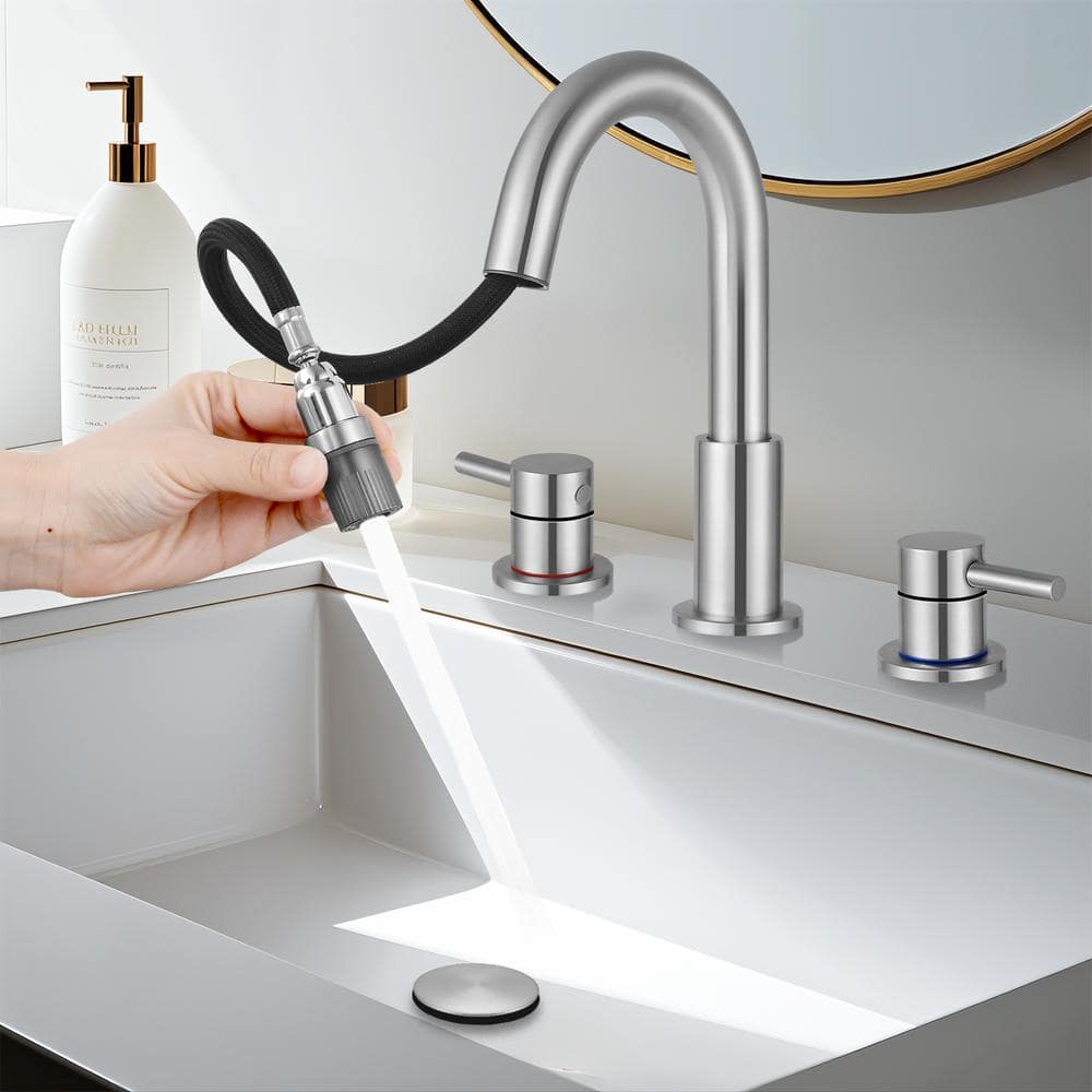 Brushed Nickel Double Handle Widespread Bathroom Faucet