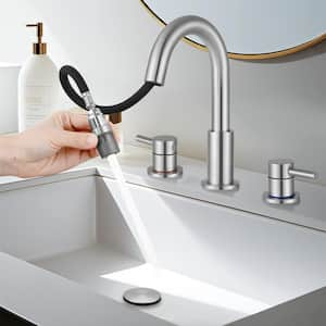 Double Handles 8 in. Widespread Bathroom Sink Faucet 3-Hole with Pull Out Sprayer with Pop-Up Drain in Brushed Nickel