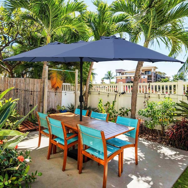 SUNRINX 15 ft. Market Patio Umbrella 2-Side in Blue with Mobile Base