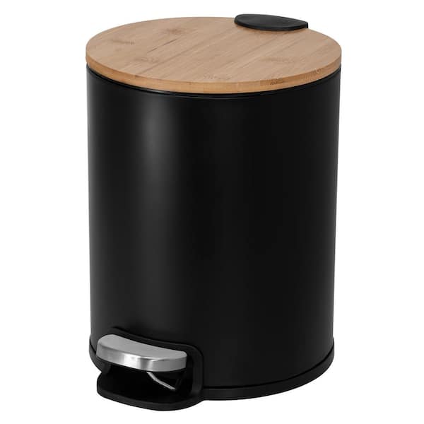 Round 5 L/1.3 Gal. Pedal Trash Bin with Bamboo Soft Close Lid in Black and Natural Bamboo