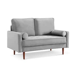 Bolstered Modern 57 in. Grey Solid Velvet Polyester 2-Seat Loveseat with 2-Bolster Pillows