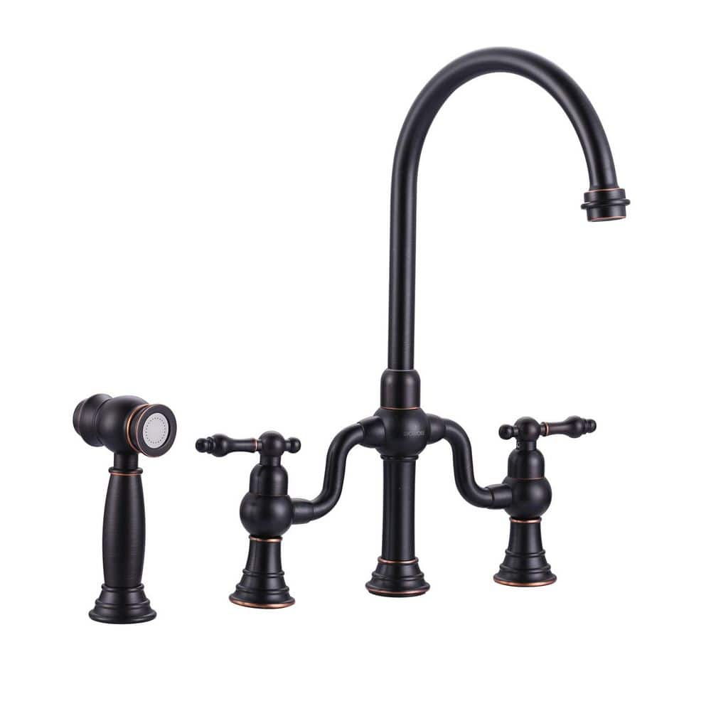 Oil Rubbed Bronze Double Handle High-Arc Widespread Kitchen Faucet with Pull-out Spray