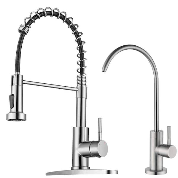 Spring 19 in. Single Handle Pull Down Sprayer Kitchen Faucet 360° Spout Swivel with Beverage Faucet in Brushed Nickel