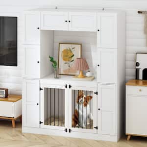 Large Wooden Heavy Duty Dog Crate, Indoor Modern Dog House Dog Cage with 7-Large storage cabinet, White