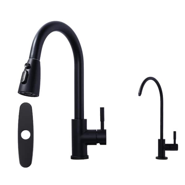 Single Handle Pull Down Sprayer Kitchen Faucet with Drinking Water Faucet in Stainless Steel Matte Black