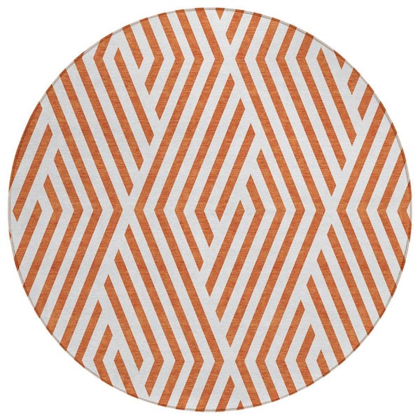 HomeRoots Orange and White 8 ft. Round Woven Geometric Round Indoor/Outdoor Area Rug