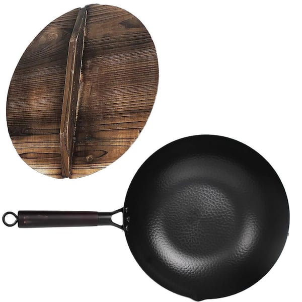 12.5 in. Carbon Steel Wok, Pre-Seasoned, Scratch-Resistant, with Lid, Spatula & Guide, Gas/Electric/Induction Compatible