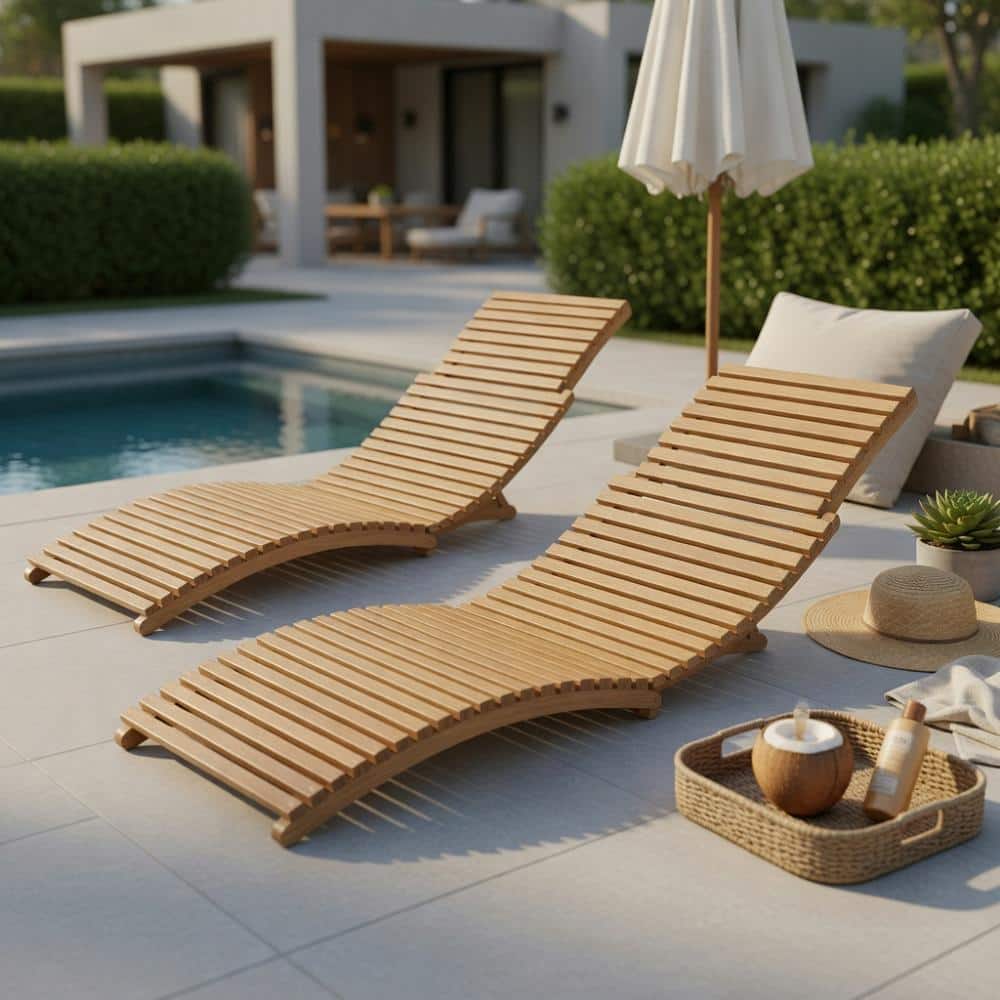 Teak Wood Patio Folding Chaise Lounge Chair with Slatted Seat-1