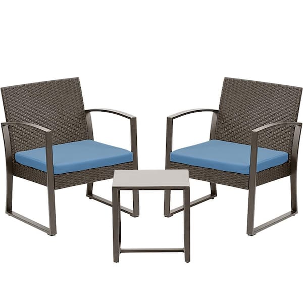 Aoodor 3-Piece Wicker Patio Conversation Set Coffee Table and 2 Rattan Chair with Blue Cushions