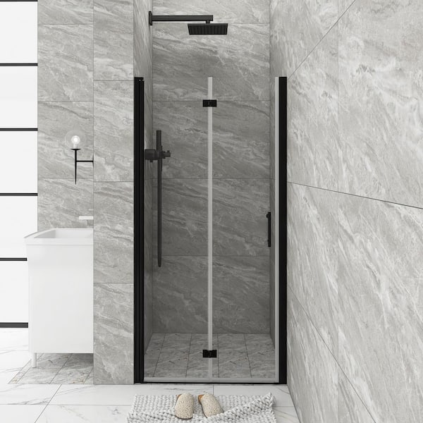 Unbranded 33 in. W x 72 in. H Bi Fold Semi Frameless Shower Door in Matte Black with Clear Tempered Glass