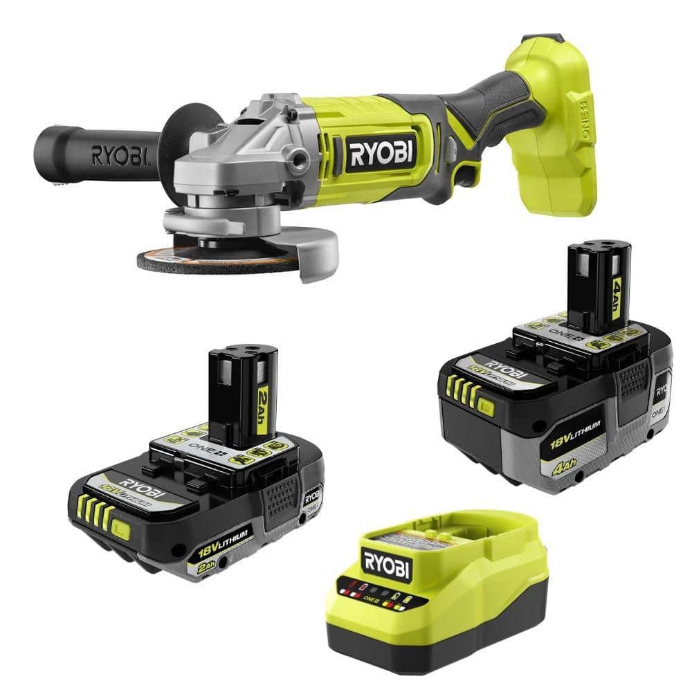 RYOBI ONE+ 18V Kit w/ 4.0 Ah Battery, 2.0 Ah Battery, Charger, & FREE ONE+ Cordless 4-1/2"Angle Grinder (PSK1212SBPCL445)