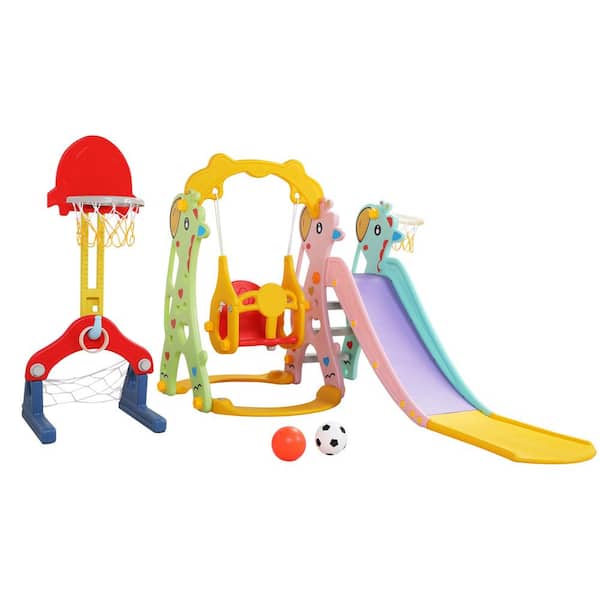 TIRAMISUBEST Outdoor/Indoor HDPE 5-in-1 Playset with Slide, Swing and Ball Hoop/Gate