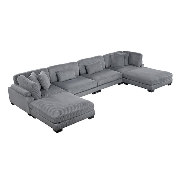 Lazzara Turbo 180 in. Pillow Top Arm 6-Piece Corduroy Fabric Modular Sectional Sofa in Gray with Ottoman
