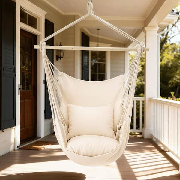 MoNiBloom White Cotton Rope Swing Hammock Chair with Fixed Kit and