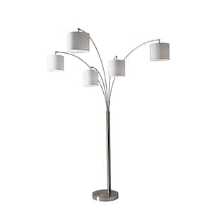 82 in. Silver 5-Light 1-Way (On/Off) Tree Floor Lamp for Liviing Room with Cotton Round Shade
