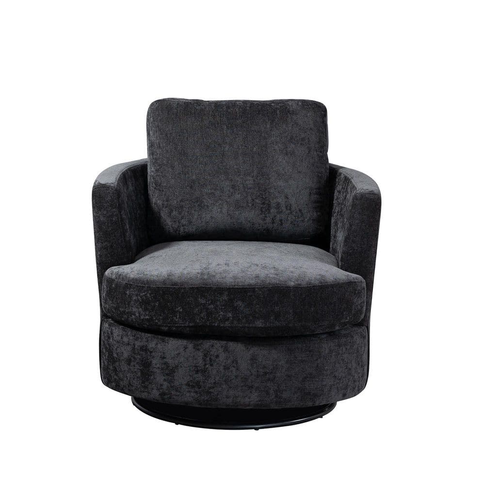 31.9 in. W Black Chenille Swivel Accent Barrel Chair and Comfy Round Accent