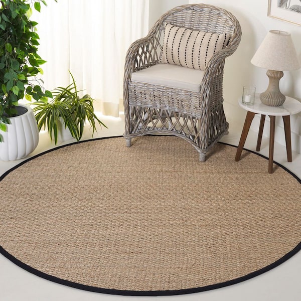 Natural Fiber 6 ft. x 6 ft. Natural/Black Abstract Solid Border Round Area Rug