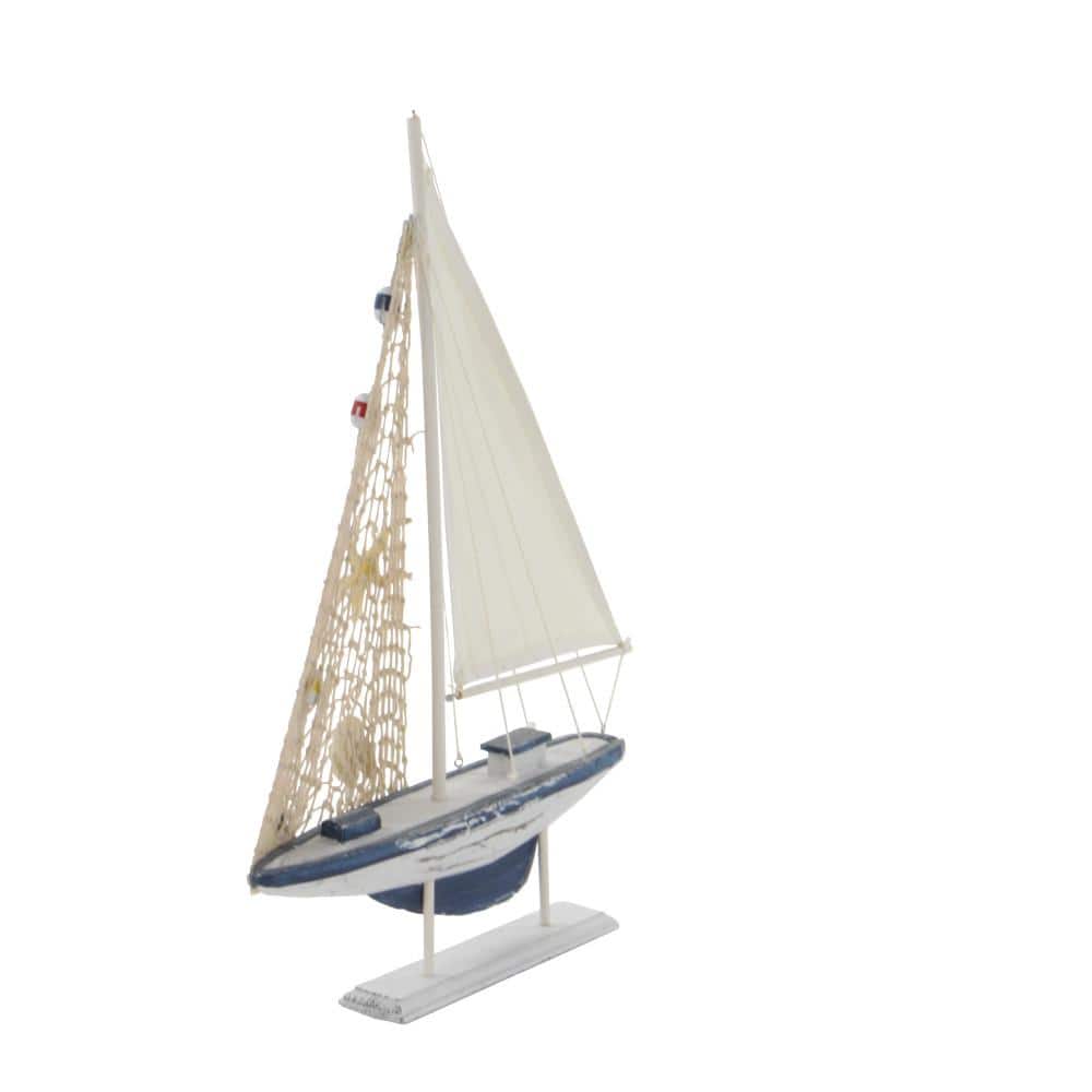 White and Blue Pine Wood Nautical Sail Boat Sculpture Set