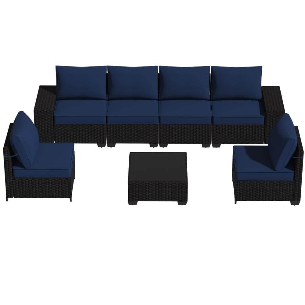 Modular 7-Piece Wicker Outdoor Sectional Set, All-Weather Rattan with Waterproof Dark Blue Cushions & Coffee Table price history on PriceWatchPro