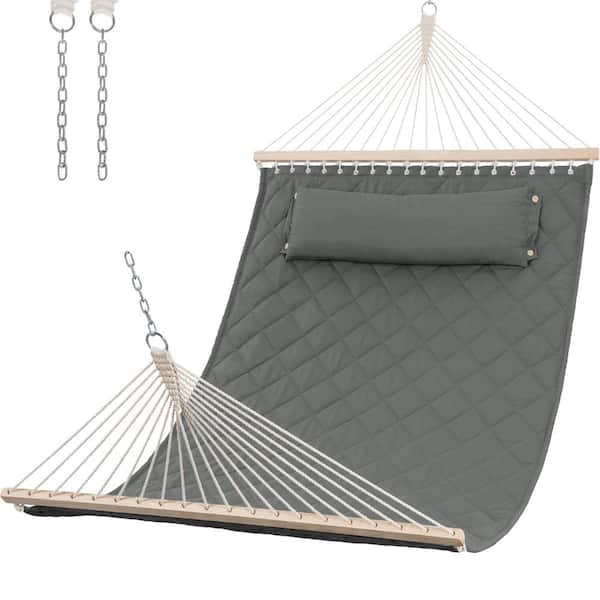 Unbranded 78.7 in. x 55 in. Double Hammock Quilted Fabric Swing Large Hammock Bed with Spreader Bars, Detachable Pillow in Gray