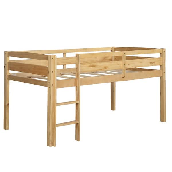 ANBAZAR Natural Wood Twin Size Low Loft Bed with Fixed Ladder, Wooden Loft Bed for Kids, Kids Wood Loft Bed Frame with Ladder