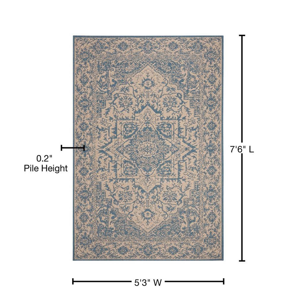 Cream and Blue Round Stain-Resistant Synthetic Rug