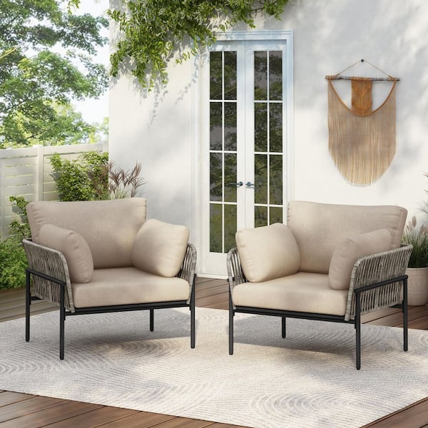 CHRISTOPHER KNIGHT HOME Belvedere Outdoor Rope Weave and Metal Frame Patio Lounge Chairs with Beige Cushions, Grey, Set of 2
