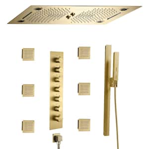 6-Spray Ceiling Mount Thermostatic Fixed Handheld Shower Head 3 Functions Shower Faucet 2.5 GPM in Brushed Gold