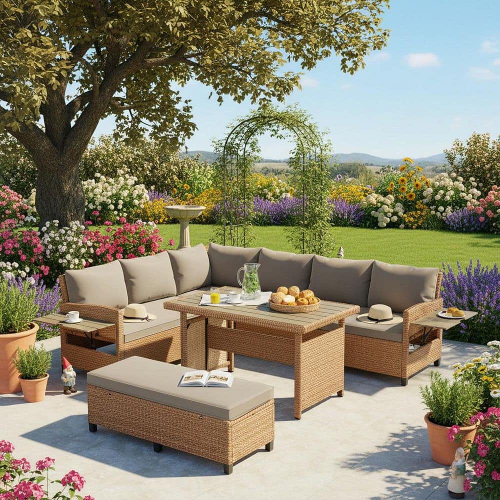 Lycvki 5-Piece Brown Patio Conversation Set with Gray Cushions Includes ...