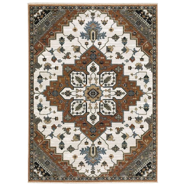 Key Rust/Ivory 2 ft. x 8 ft. Oriental Medallion Polyester Fringed-Edge Indoor Runner Area Rug
