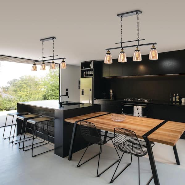 Walden 4-Light Traditional Antique Black Linear Kitchen Chandelier with Amber Glass Shades