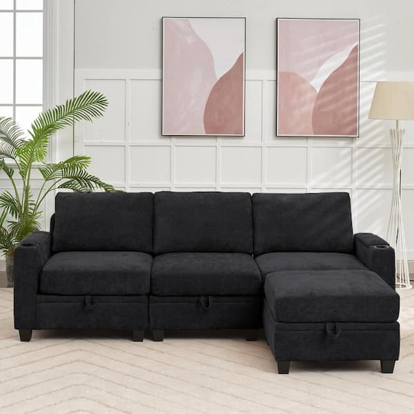 JEAREY Modern 91 in. Black Chenille Square Arm L-Shaped Storage Sofa with Cup Holder and Ottoman for Living