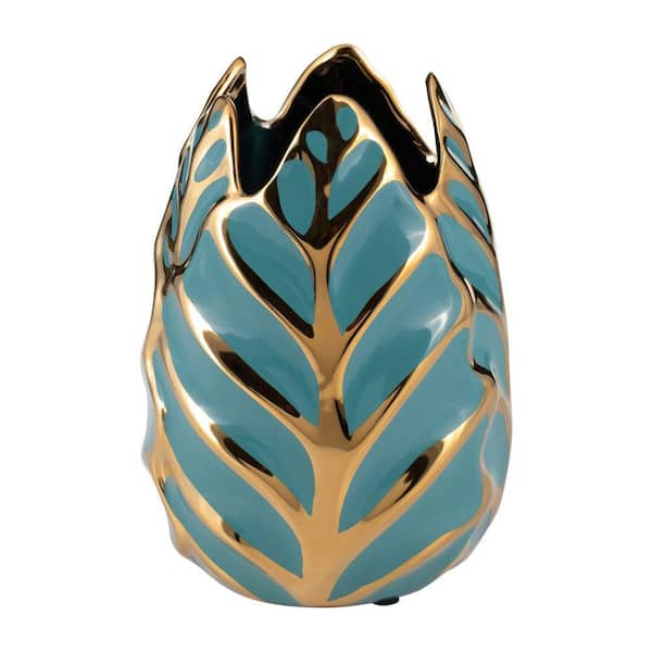 Liv & Skye 8 in. Green Stoneware Round Leaf Gold Accent Decorative Vase