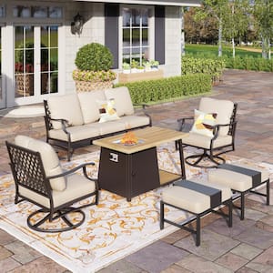 Black Metal Meshed 7 Seat 6-Piece Steel Outdoor Fire Pit Patio Set With Beige Cushions, Metal Rectangular Fire Pit Table