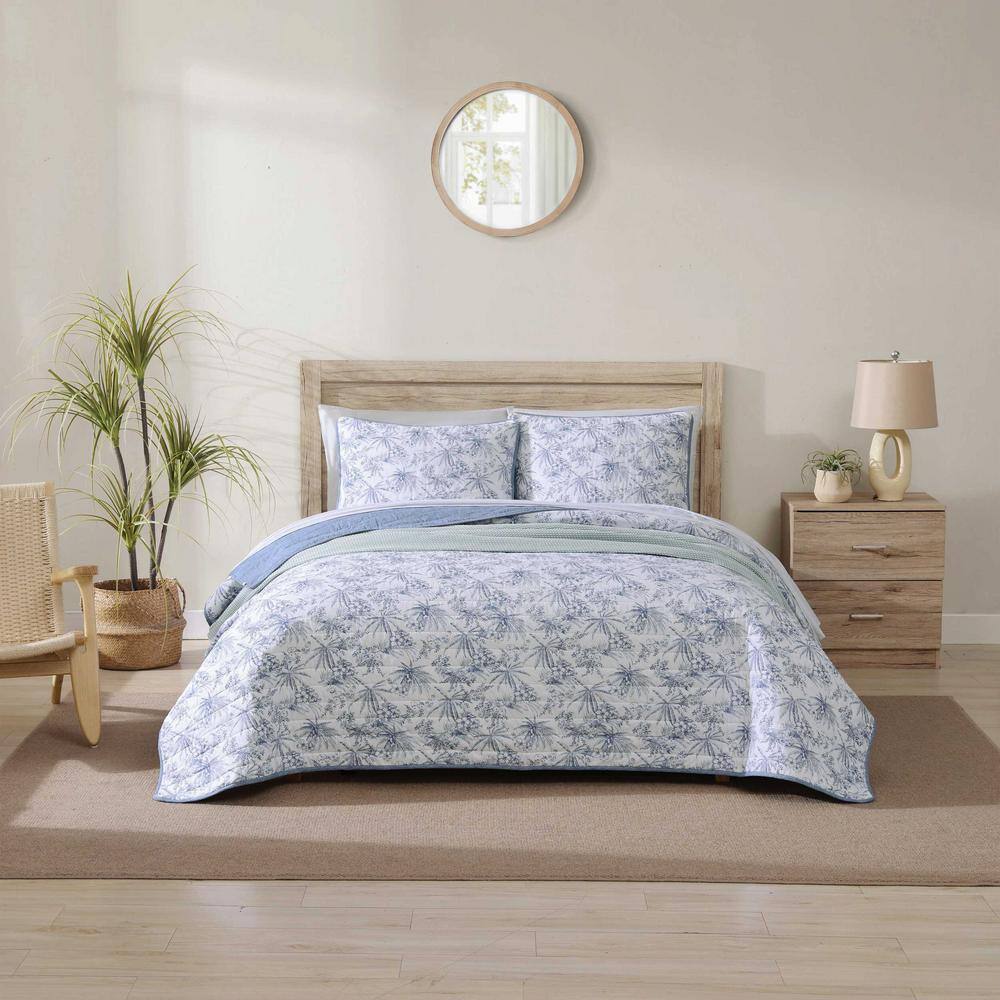 Blue Cotton Twin Reversible Quilt Set with Trim