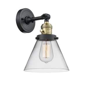 Cone 8 in. 1-Light Black Antique Brass Wall Sconce with Clear Glass Shade with On/Off Turn Switch