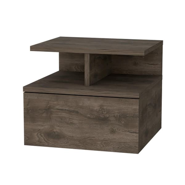 Floating Nightstand 14 in. W Brown Rectangle Wood End Table with 2-Tier Shelf and 1-Drawer Wall-Mounted Bedside Table