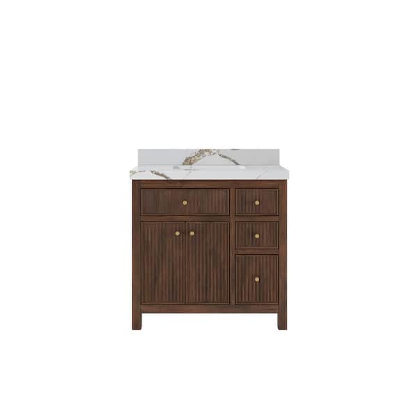 Willow Collections Sonoma Teak 36 in. Single Sink Freestanding Dark Walnut Bath Vanity with Calacatta Gold Qt. Top Unassembled