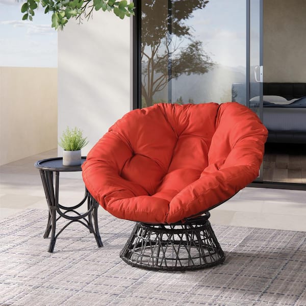 THY-HOM Dark Brown Wicker Papason Outdoor Lounge Chair with Orange Cushion