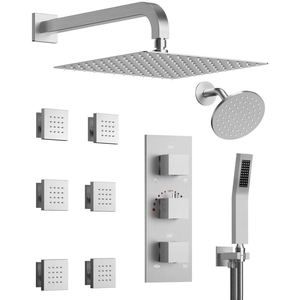 GRANDJOY Dual Showers Kits 8Spray Wall Mount 12 in. Fixed and Handheld