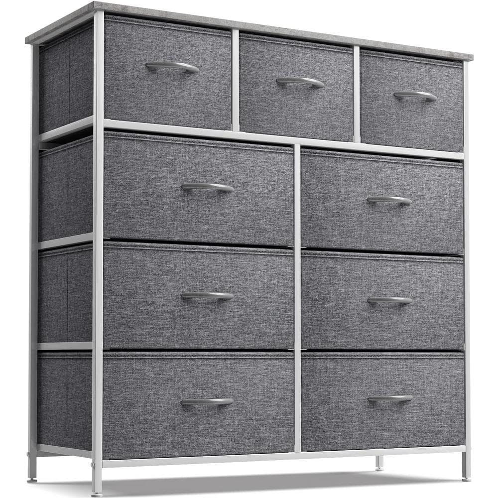 Sorbus 39.5 in. L x 11.5 in. W x 39.5 in. H 9-Drawer Gray Rustic Dresser with Steel Frame Wood Top Easy Pull Fabric Bins -  DRW-9D-GRY